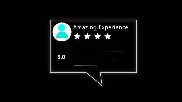 File #: linguistically neon Rating 5 stars icon animation. animation customer review concept, character giving fore star feedback on neon glowing rectangle. E commerce, business marketing idea. video