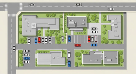 Aerial view of a small town street with buildings and cars. © Barr