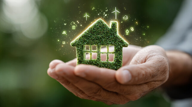 A hyperrealistic eco-friendly house concept of a hand presenting glowing green house icon with renewable energy symbols in a bright sustainable environment,