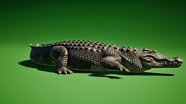 Realistic 3D render of a large crocodile isolated on a green screen background for video compositing.
