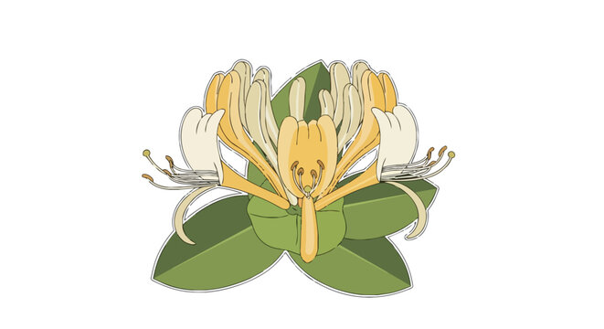 Blooming Yellow Honeysuckle Flower Illustration with Green Leaves Isolated on White Background