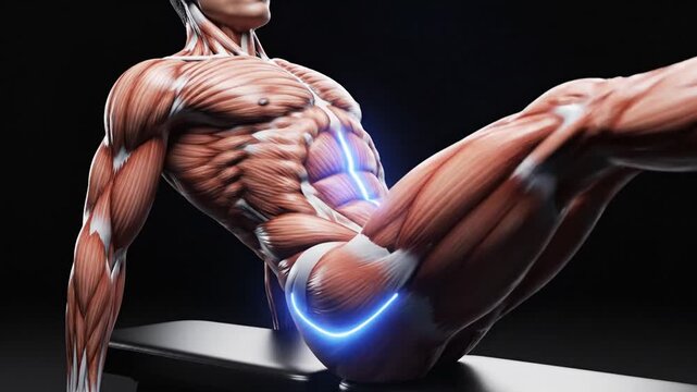 Anatomical illustration of a man performing core exercises on a bench with highlighted abdominal muscles