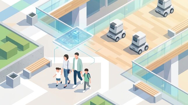 Isometric Illustration Of Family In Smart Shopping Mall With AI Robots