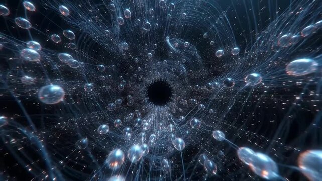 Cosmic vortex with floating droplets in digital style on dark background, conveying concept of energy flow and space mystery