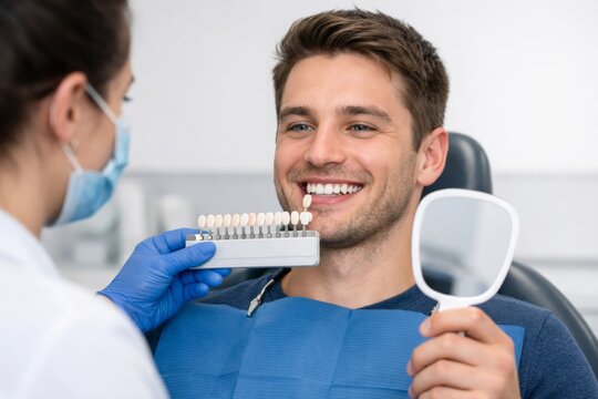 Dental clinic visit with patient checking teeth shade selection process. Ai generative