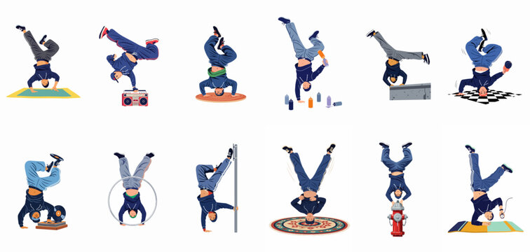 Collection of diverse breakdancing illustrations featuring b-boys in various athletic poses, performing headspins, handstands, and urban street dance moves.