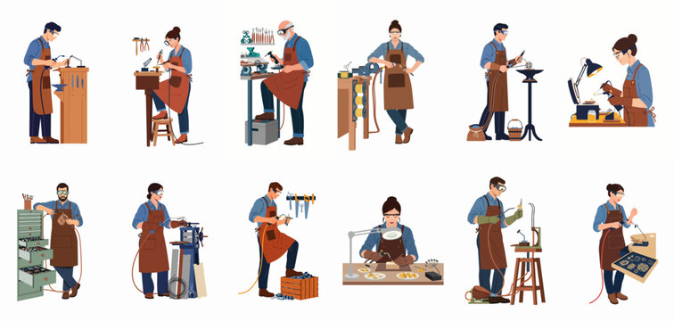 Flat Vector Illustration Set of Diverse Male and Female Jewelers and Metalsmiths Working with Professional Tools in Workshops on a White Background