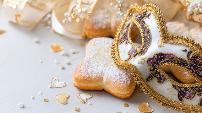 Luxurious golden-toned hamantaschen cookies with ornate cultural celebration mask in minimal still life