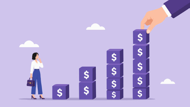 Business professional watching purple dollar block tower grow with giant support.
