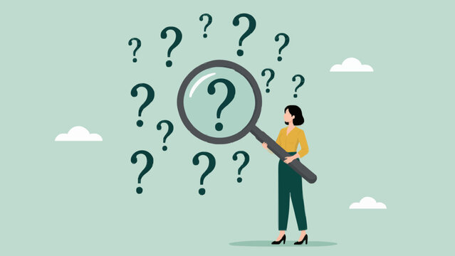 Woman searching with magnifier glass surrounded by multiple question mark symbols.