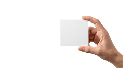 Obraz premium Minimalist white square card held by hand, blank paper mockup for branding, clean professional business card template with copy space isolated PNG with Transparent Background