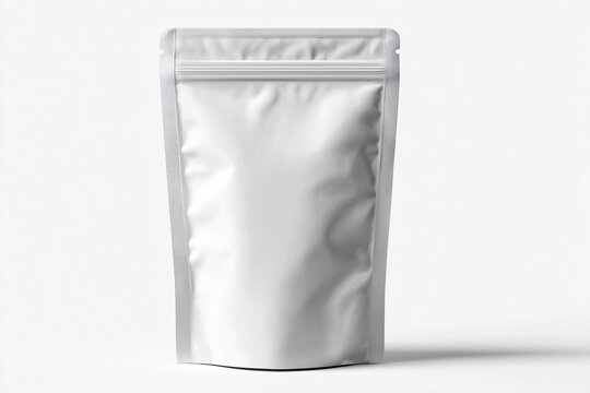 empty silver mylar food storage pouch isolated on white background for packaging design