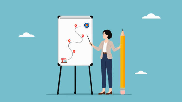 Business woman presenting growth strategy and marketing development path on whiteboard.