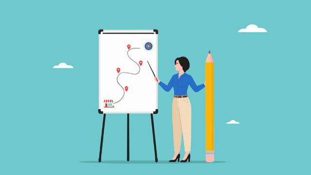 Woman presenting growth strategy plan on whiteboard with target and store location.