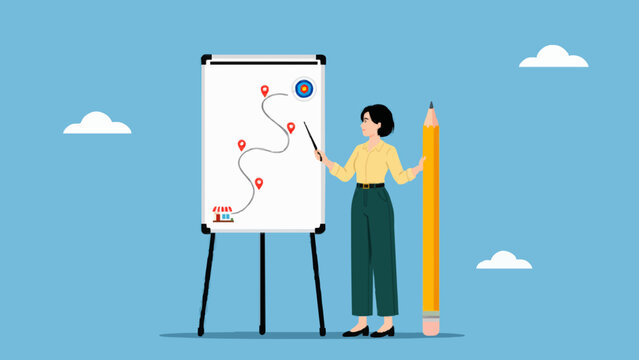 Business woman presenting a strategic growth path on a white whiteboard illustration.