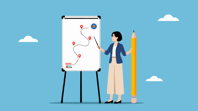 Business woman presenting a strategic growth path on a white whiteboard illustration.