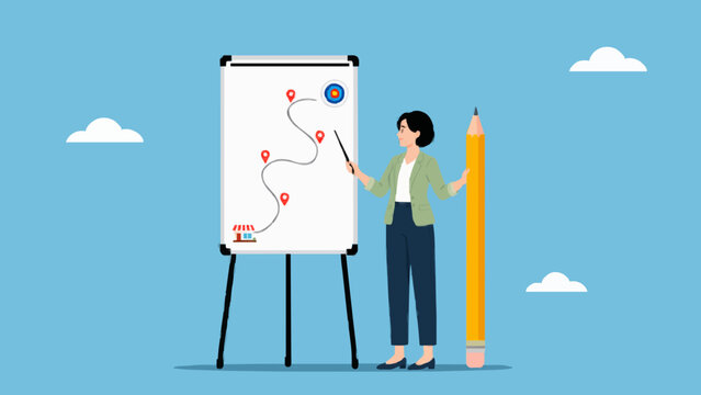 Business woman presenting a strategic growth path on a white whiteboard illustration.
