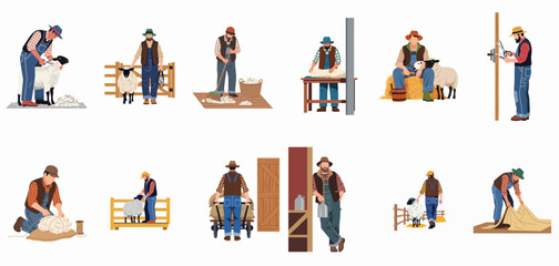Set of vector illustrations showing shepherds and farmers performing various tasks like shearing sheep, sorting wool, and managing livestock on a rural farm. © Mam