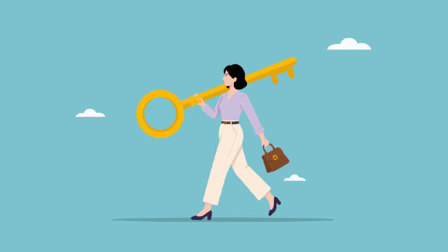 Business woman walking forward and carrying large golden key for future success flat.