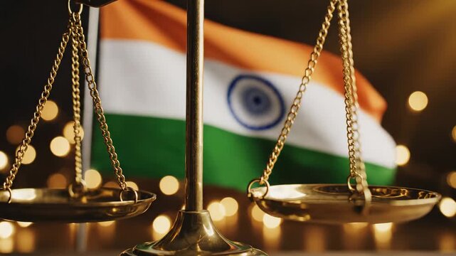 Golden scales of justice in front of the Indian flag representing the legal system and constitution of India.