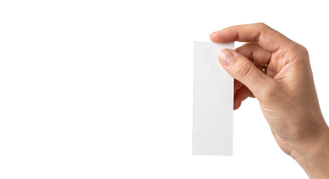 Blank paper slip held by female hand, white vertical card mockup for shopping receipt or bookmark, minimalist note template for branding isolated PNG with Transparent Background