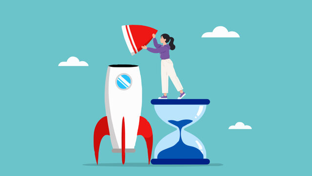 Young businesswoman constructing rocket on hourglass for accelerated work timeline.