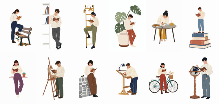 Set of flat vector illustrations featuring diverse people writing, sketching, and reading in various everyday settings and creative workspaces.