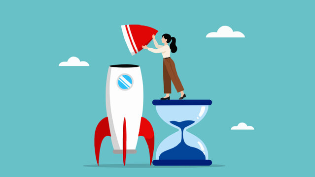 Person assembling rocket spaceship while balancing on top of large glass hourglass.