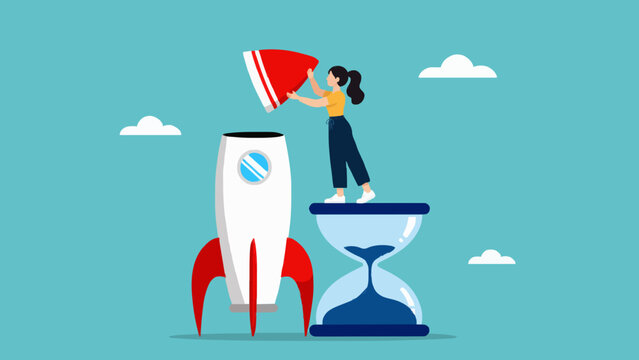 Woman character working on rocket ship construction while standing on hourglass art.