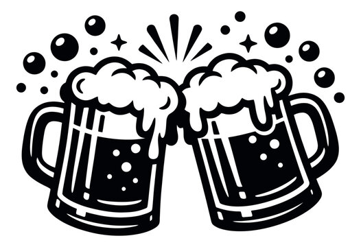 Line art illustration of two beer mugs depicting a celebratory toast for a festive occasion