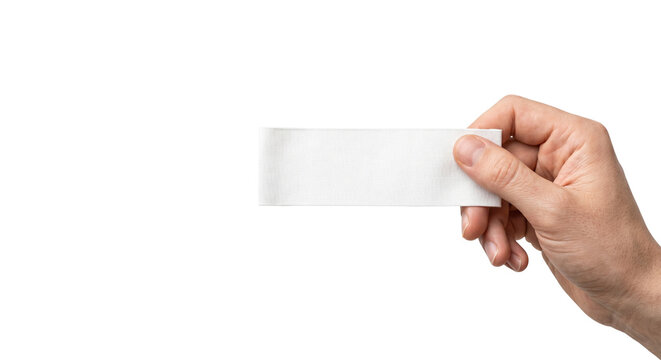 Blank white paper strip held by male hand, empty horizontal card for message, minimalist business note template for copy space isolated PNG with Transparent Background