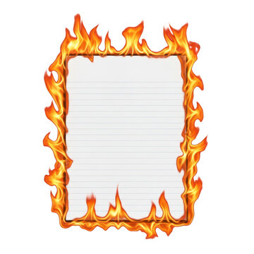 Blank lined notebook paper sheet burning with bright orange flames isolated on transparent background