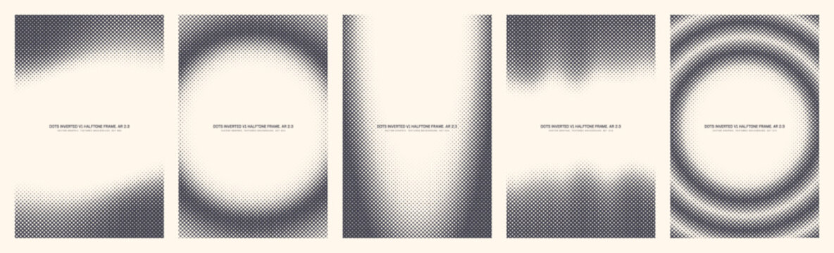 Retro inverted dots halftone pattern set, vertical 2:3 vector frames: fluid, circular, oval borders. Dotted texture pack for poster, brochure, aesthetic social media layout. Design elements collection
