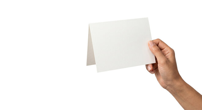 Blank greeting card held by hand, white folded invitation mockup, person holding empty paper note for message, minimalist stationery template isolated PNG with Transparent Background