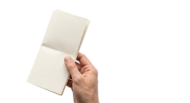 Blank paper notebook held in hand, minimalist open notepad mockup for sketches, cream colored vertical journal for creative writing and notes isolated PNG with Transparent Background