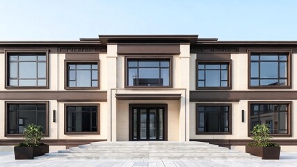 Fototapeta premium Modern Minimalist Townhouse with Symmetrical Facade and Large Glass Windows