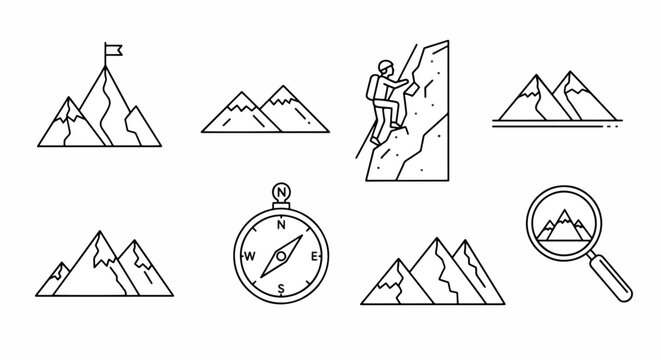 Mountain climbing adventure expedition icons set.