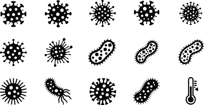 Microbiology virus bacteria icons vector silhouette illustration line art cell pathogen.