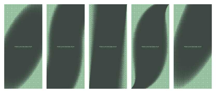 Sage green dither halftone pattern set, vertical 9:20 vector diagonal frames with curved, oval borders. Retro 8-bit design bitmap texture bundle for mobile app UI, social media stories, tech projects