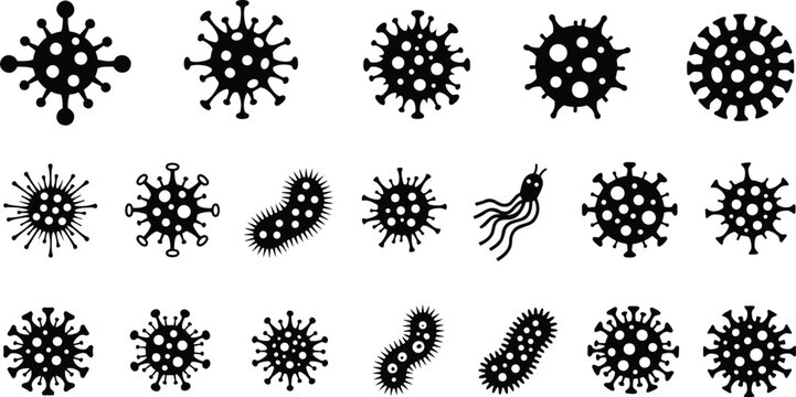 Microscopic virus and bacteria pathogen vector silhouette illustration for microbiology set.