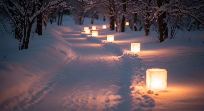 Illuminated lanterns lining a snowy path through a forest at night creating a winter wonderland scene