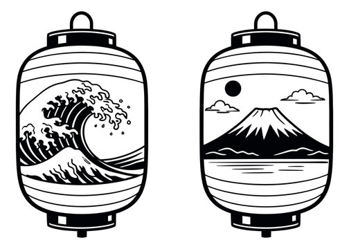 Hand drawn line art Japanese lantern set featuring iconic Mt Fuji and Great Wave scenes for Asian travel and cultural decoration