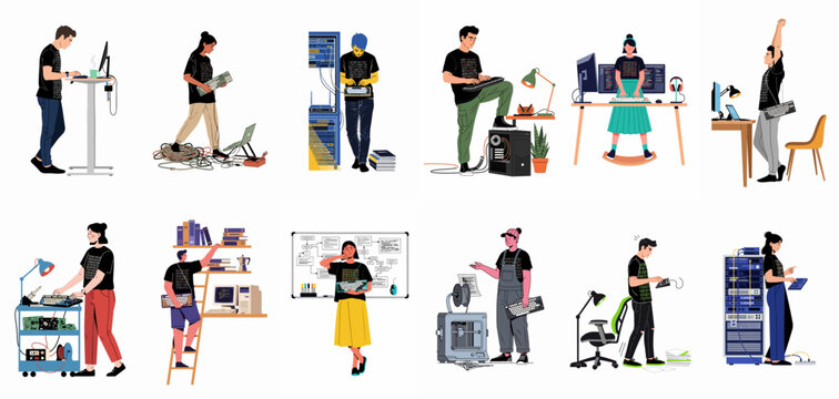 A collection of diverse tech professionals, developers, and engineers working in modern, creative office and home studio environments on various technology projects.