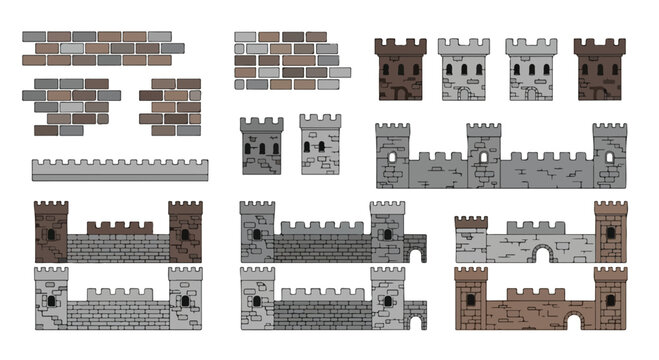 Medieval castle wall vector set, stone fortress towers and brick battlements, ancient defensive architecture elements for game design and fantasy maps