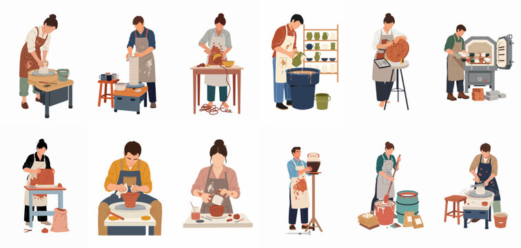 Flat vector illustration showing diverse potters and ceramic artists performing different tasks throughout the pottery making process, from throwing to kiln firing.