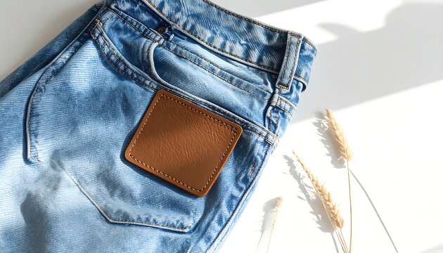 Folded blue denim jeans with leather patch on clean white surface in minimal fashion product composition