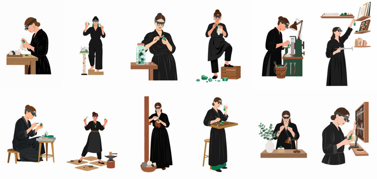 Collection of illustrations showing a female jeweler working with gemstones, polishing, grinding, and crafting jewelry in her studio, isolated on white background.