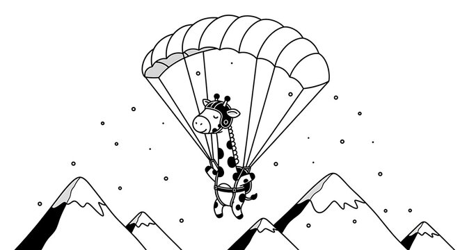 A cartoon giraffe descends from the sky using a parachute, with mountain peaks in the background and a starry night