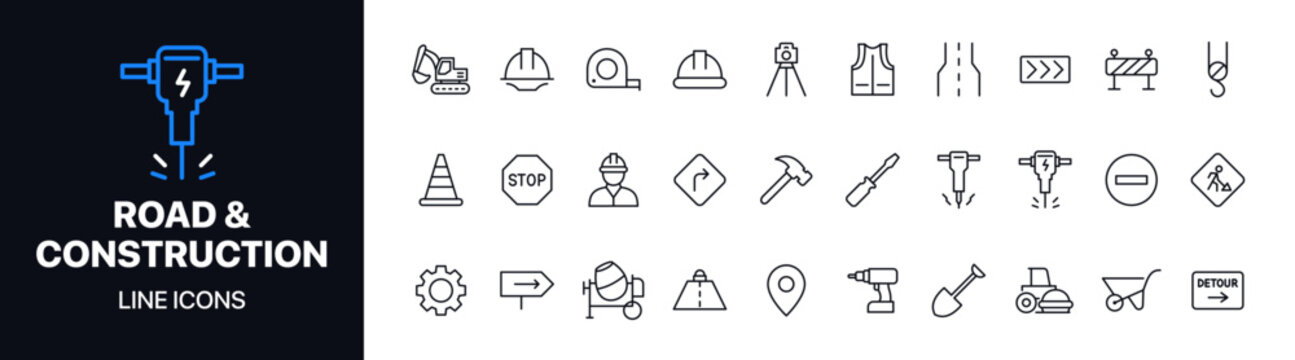 Clean road work construction line icons vector set featuring tools, safety equipment, traffic signs, and infrastructure symbols. Ideal for construction apps, websites, and industrial design projects.