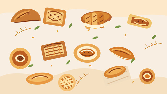 Seamless bakery pattern with assorted bread pastries and coffee elements warm minimal flat food background for cafe branding packaging menu design bakery theme use